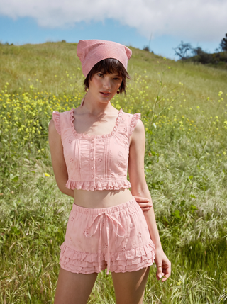 Square Neck Ruffled Top & Low Rise Embroidery Ruffle Hem Mini Skirt Set