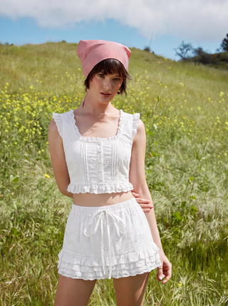 Square Neck Ruffled Top & Low Rise Embroidery Ruffle Hem Mini Skirt Set