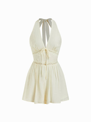 Textured Halter Neckline Lace Insert Bowknot Mid Rise Romper