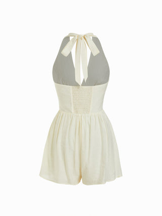 Textured Halter Neckline Lace Insert Bowknot Mid Rise Romper