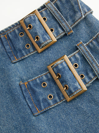 Denim Low Rise Washed Buckle Metal Detail Pencil Mini Skirt