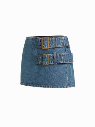 Denim Low Rise Washed Buckle Metal Detail Pencil Mini Skirt