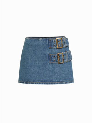 Denim Low Rise Washed Buckle Metal Detail Pencil Mini Skirt