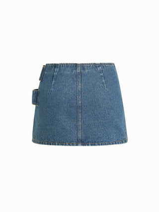 Denim Low Rise Washed Buckle Metal Detail Pencil Mini Skirt