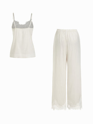 Satin Lace Floral Cami Top & Mid Rise Wide Leg Trousers Loungewear Set