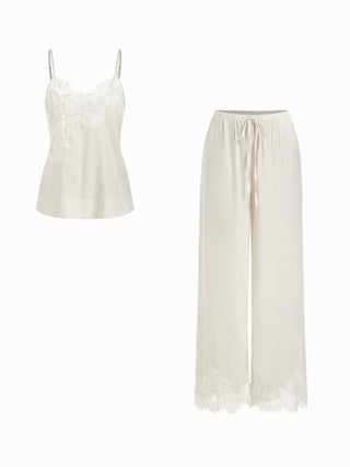 Satin Lace Floral Cami Top & Mid Rise Wide Leg Trousers Loungewear Set