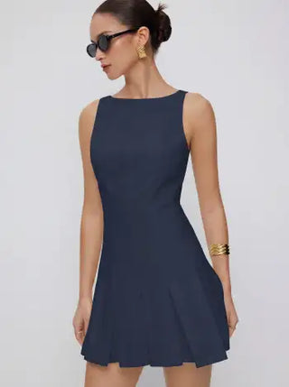 Linen-blend Boat Neck Pleated A-line Mini Dress