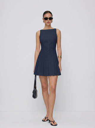 Linen-blend Boat Neck Pleated A-line Mini Dress