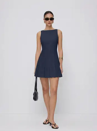 Linen-blend Boat Neck Pleated A-line Mini Dress
