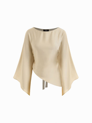 Satin Boat Neck Bell Sleeve Asymmetrical Blouse