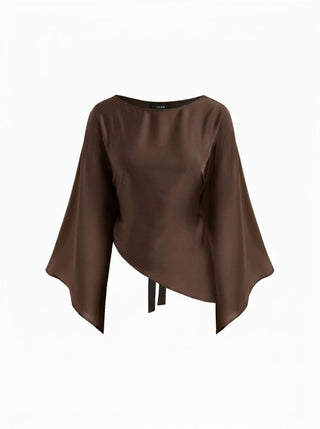 Satin Boat Neck Bell Sleeve Asymmetrical Blouse