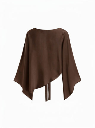Satin Boat Neck Bell Sleeve Asymmetrical Blouse