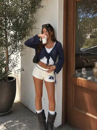 Knit Mid Rise Sailboat Graphic Embroidery Pom Pom Detail Micro Shorts