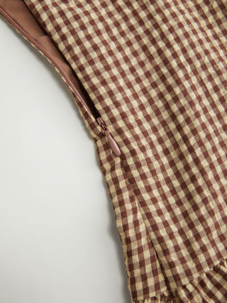 Cotton-blend Gingham Boat Neck Ruffled Bubble Hem Mini Dress