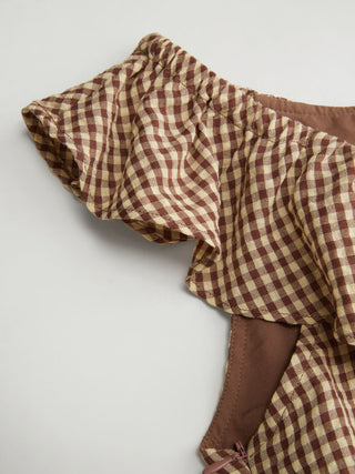 Cotton-blend Gingham Boat Neck Ruffled Bubble Hem Mini Dress