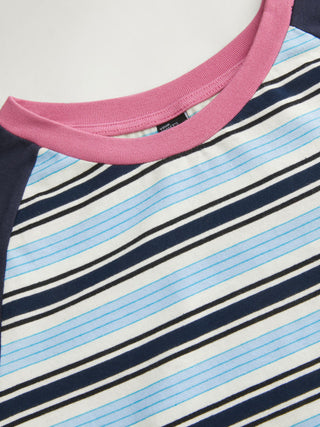 Knit Fabric Round Neckline Stripe Short Sleeve Tee
