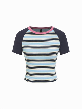 Knit Fabric Round Neckline Stripe Short Sleeve Tee