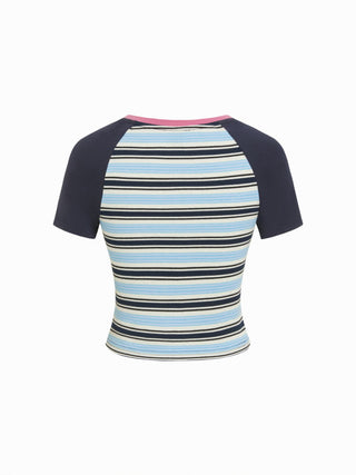 Knit Fabric Round Neckline Stripe Short Sleeve Tee