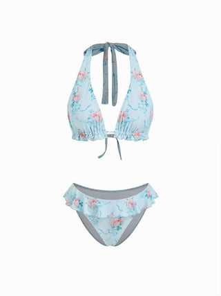 Halter Neckline Floral Ruffled Bikini Set