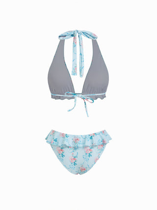 Halter Neckline Floral Ruffled Bikini Set