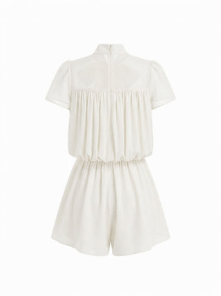 Chiffon Stand Collar Puff Sleeve Bowknot Drawstring Ruffle Romper