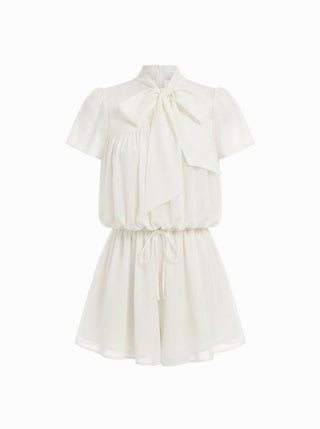 Chiffon Stand Collar Puff Sleeve Bowknot Drawstring Ruffle Romper