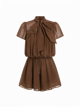 Chiffon Stand Collar Puff Sleeve Bowknot Drawstring Ruffle Romper