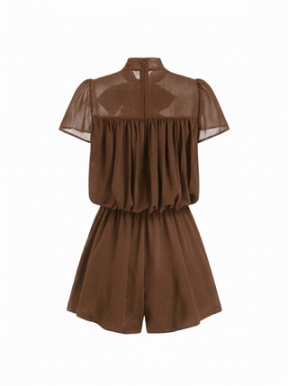 Chiffon Stand Collar Puff Sleeve Bowknot Drawstring Ruffle Romper