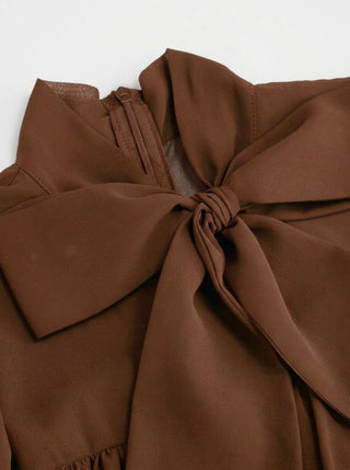 Chiffon Stand Collar Puff Sleeve Bowknot Drawstring Ruffle Romper