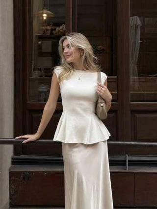 Knit Stand Collar Peplum Hem Short Sleeve Top