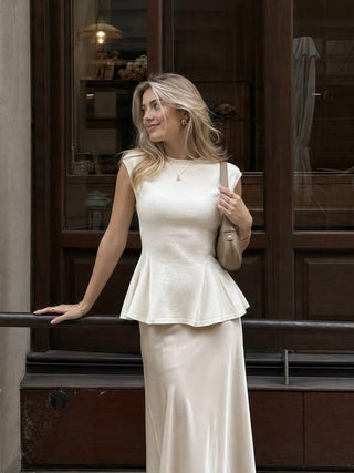 Knit Stand Collar Peplum Hem Short Sleeve Top