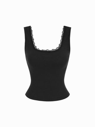 High Stretch Cotton-blend Scoop Neckline Lace Trim Tank Top