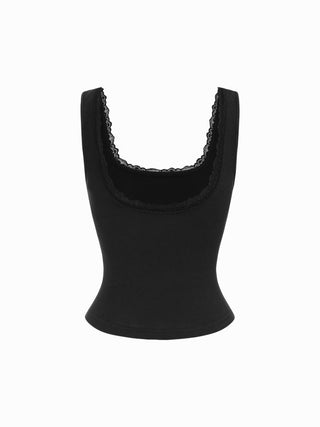 High Stretch Cotton-blend Scoop Neckline Lace Trim Tank Top