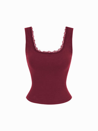 High Stretch Cotton-blend Scoop Neckline Lace Trim Tank Top