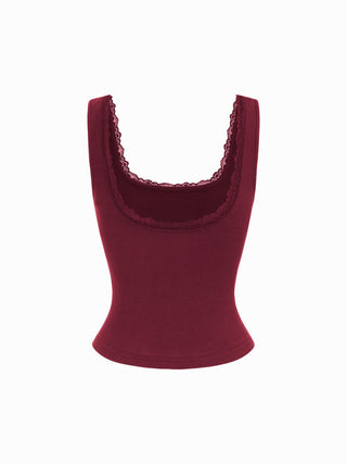 High Stretch Cotton-blend Scoop Neckline Lace Trim Tank Top