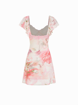 Mesh Floral V-neck Ruffle Sleeve Lace Trim A-line Mini Dress