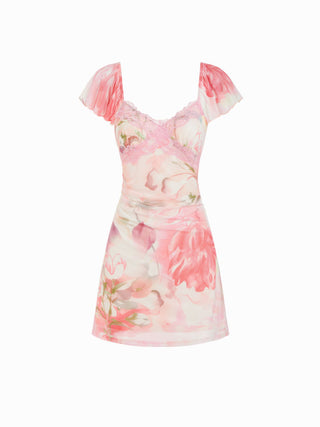 Mesh Floral V-neck Ruffle Sleeve Lace Trim A-line Mini Dress