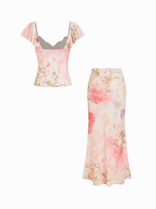 Floral Lace Trim Top and Maxi Skirt Set