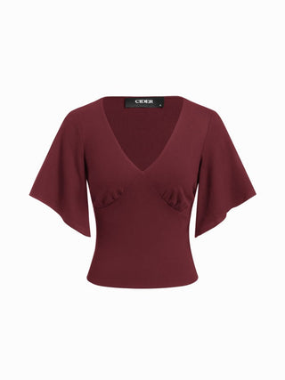 V-neck Ruched Short Bell Sleeve Top