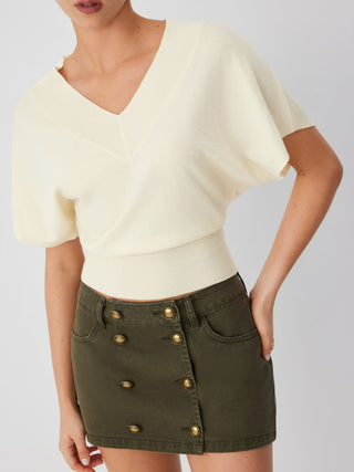 Knit Wool-blend V-neck Batwing Sleeve Short Sleeve Top