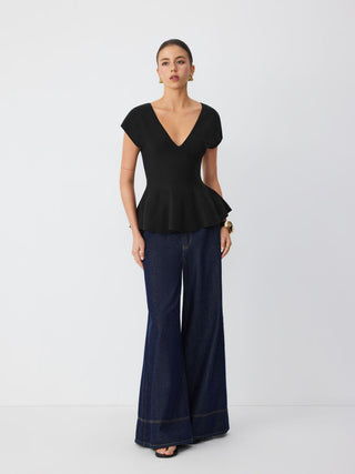 Jersey V-neck Short Sleeve Ruffle Hem Top