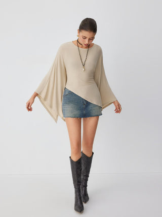 Boat Neck Batwing Long Sleeve Asymmetrical Blouse