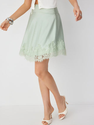 Satin Mid Rise Lace Panel A-line Midi Skirt