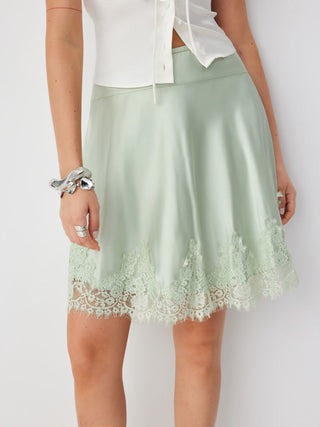 Satin Mid Rise Lace Panel A-line Midi Skirt