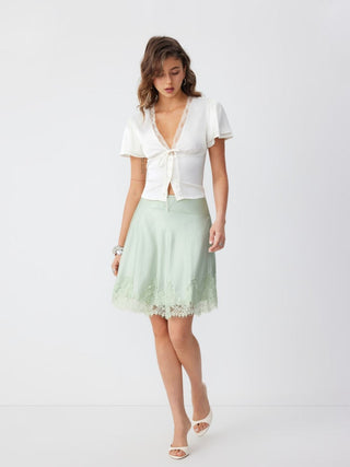 Satin Mid Rise Lace Panel A-line Midi Skirt