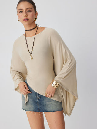 Boat Neck Batwing Long Sleeve Asymmetrical Blouse