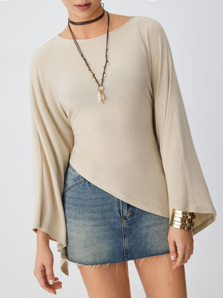 Boat Neck Batwing Long Sleeve Asymmetrical Blouse
