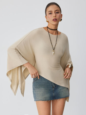 Boat Neck Batwing Long Sleeve Asymmetrical Blouse