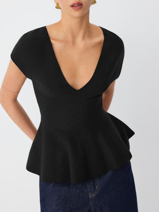 Jersey V-neck Short Sleeve Ruffle Hem Top