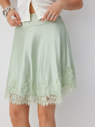 Satin Mid Rise Lace Panel A-line Midi Skirt